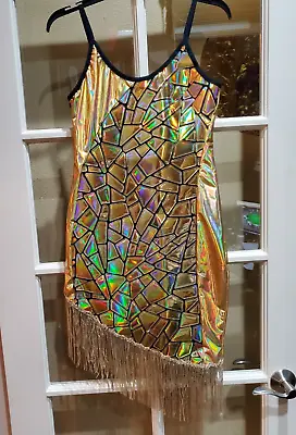 Pixiemain Gold XXL Geometric Sequin Dress Holographic W/ Fringe Flapper • $26.69