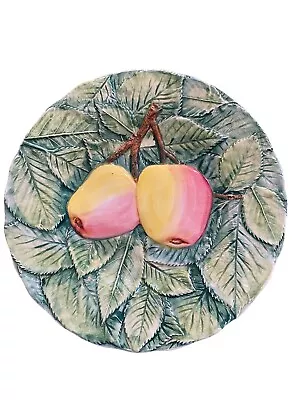 Majolica Fruit Plate Yellow Red Peach Apple  8 Inch Green Leaves Made In Italy  • $34.99