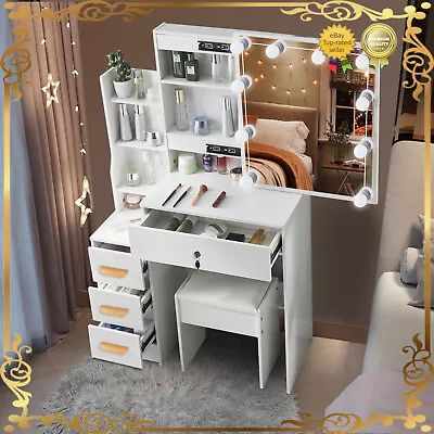 UK 4 Drawers Vanity Makeup Table Dressing Desk And Stool Set  LED Lighted Mirror • £124.75