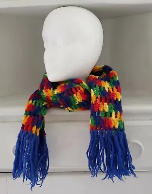Handmade Crochet Scarf Rainbow Colors Winter Neck Warmer Unisex Blue Fringe  • $19.99