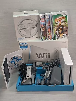 Nintendo Wii Console & Games Bundle 5 Games + Mario Kart Wheel One Controller • £20