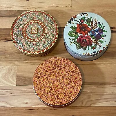 Lot Of 3 Vintage Floral Flower Mosaic Cookie Biscuit Round Tins One Embossed Tin • $15