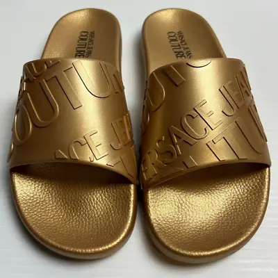 New VERSACE JEANS COUTURE Gold Embossed Logo Slides Mens Size 9 / IT 42 • $89.99