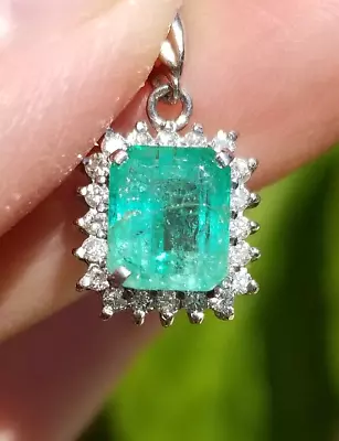 1.61TCW Vintage Columbian Emerald Diamond Halo Platinum Pendant • $675