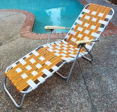 Folding Patio Lounge Chair Plastic Straps Orange White Armrests Aluminum Vintage • $98.62