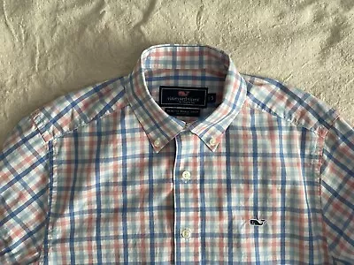 Vineyard Vines Men's Small Slim Fit Whale Shirt 100% Cotton Blue Peach Gingham • $18