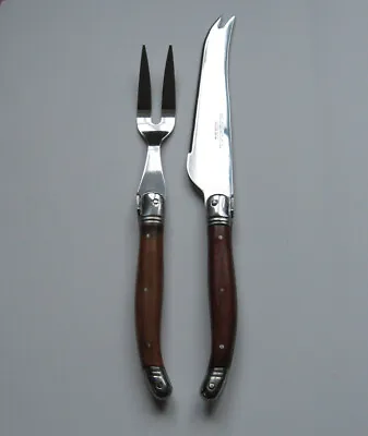 Laguiole Production Acier Inox Stainless Cheese Knife + Fork Set Wooden Handles • £12.95