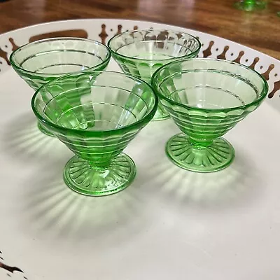 Vintage Green Depression Vaseline Uranium Glass Sherbet Dessert Cups - Set Of 4 • $19