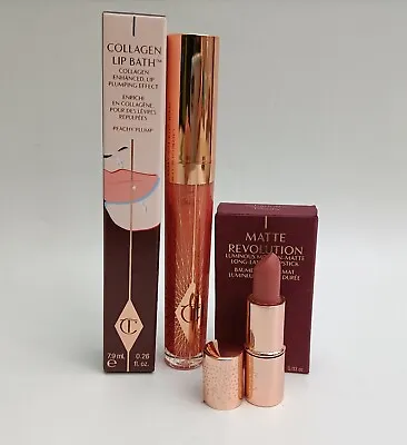 Charlotte Tilbury Collagen Lip Bath Peachy & Mini Matt Revolution Lipstick Boxed • £22.50