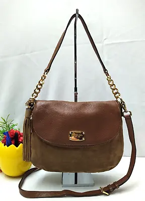 Michael Kors Brown Suede Leather Trim Zip Pocket Crossbody Shoulder Bag Purse • $68