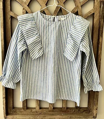 Zara Kids Girls Sz 13/14 Blue And White Striped Top Blouse 86%Cotton 14%Linen • $9.99