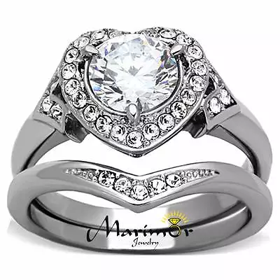 2.75 Ct Round Cut CZ Halo Heart Stainless Steel Wedding Ring Set Women's Sz 5-11 • $22.62