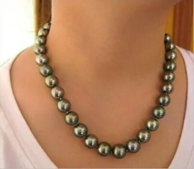 18 AAAAA LUSTER 11-12mm REAL Tahitian Black Green Round Pearl Necklace 14k GOLD • $149