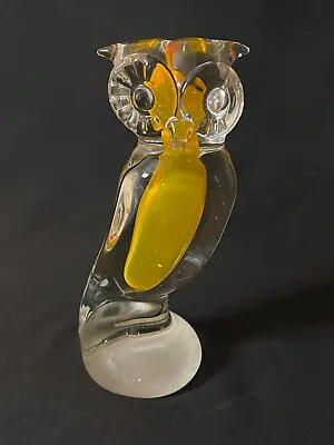 Large Vintage Murano Style Clear Art Glass Owl With Transparent Gold Center 9  • $35