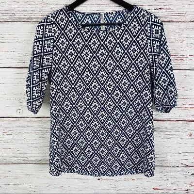 Yahada Blouse Womens Small Blue White Diamond Print Half Sleeve Tunic Office • $13.99