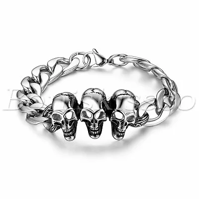 Men's Polished Stainless Steel Punk Biker Rocker Skull Head Chain Bracelet • $10.99