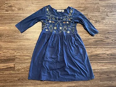 The Vermont Country Store Blue Dress Women’s Floral Embroidered 3/4 Sleeve Sz M • $23