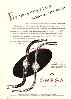 OMEGA Ladies' 18ct Gold Wrist Watches ADVERT Vintage 1954 Print Ad 164/28 • £2.97