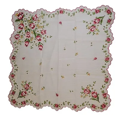 Vintage Hankerchief Pink & White Multicolor Floral Embroidered Scalloped Edges  • $9.99