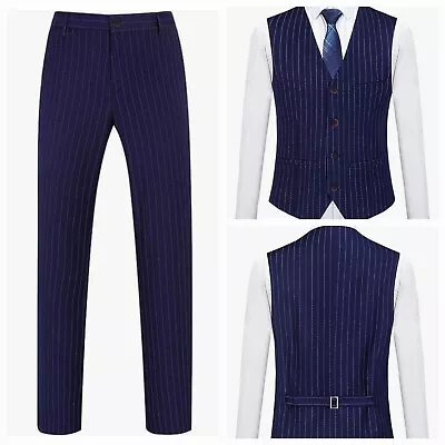 Men 2 Piece Blue Striped Suit Casual Formal Office Waistcoat & Trousers Size M • £23