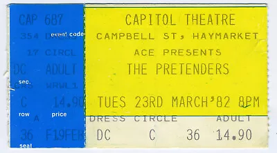 The Pretenders 1982 Concert Ticket Stub - Capitol Theatre Sydney Australia • $160