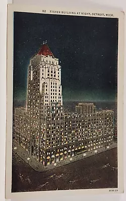 Postcard Vintage Fisher Building At Night Detroit Michigan • $4.75