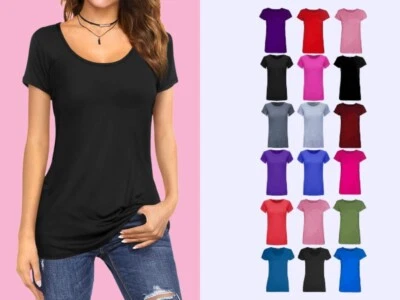 Ladies Cap Short Sleeve Round Scoop Neck Plain T-shirt Fitted Tee Top Uk 8-26 • £3.99