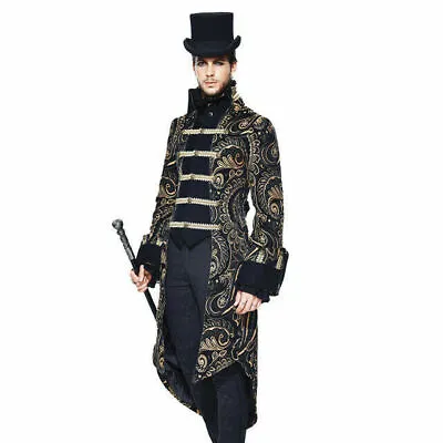 Steampunk Men High Collar Long Sleeve Coats Punk Brown With Gold Slim Overcoats • $196.10