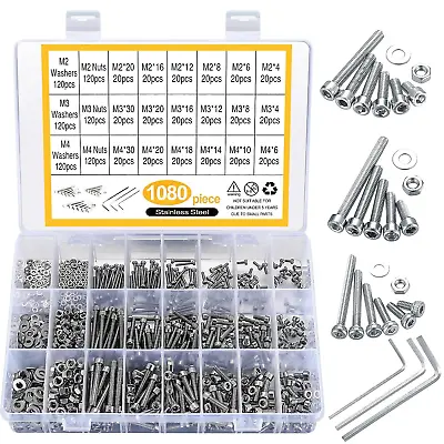 1080Pcs Screws Bolts And Nuts And Washers Assortment Set Metric M4 M3 M2 Stainl • $17.80