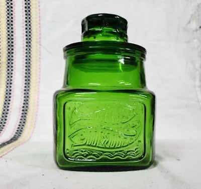 Wheaton Glass Emerald Green Fish And Bird In Heart Jar Canister • $12