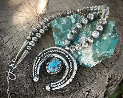 Vintage Navajo Sterling Necklace With Beautiful Large Naja Morenci Turquoise • $169.50