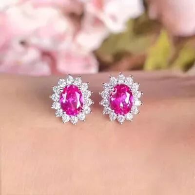 3Ct Oval Cut Lab-Created Pink Sapphire Halo Stud Earrings 14K White Gold Plated • $172.73