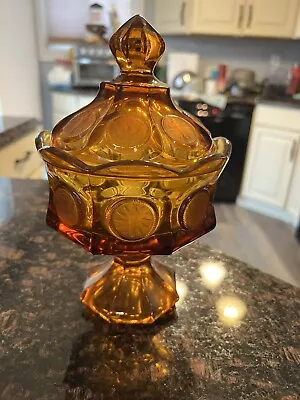 Vintage Fostoria Amber Glass Coin Pedestal Compote Candy Dish W/  Lid 8” 1957 • $3.99