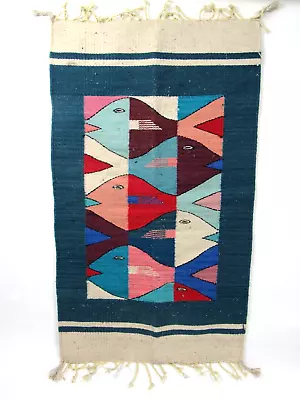 Vintage Zapotec Oaxacan Fringed Wool Rug Fish Stories Rug 38.5” X 22.5” Mexican • $74.99