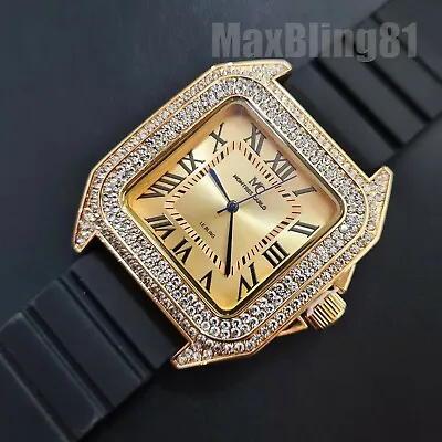 Hip Hop Full Iced Black Silicone Band Square Lab Diamond Bling Wrist Watch • $23.99