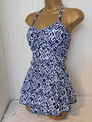 Navy White Ruched Halter Neck Strapless Skirt Swimdress Swimsuit Size 16 Control • £6.99