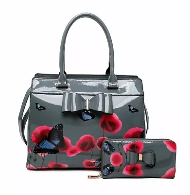 £31.99 • Buy New Women's Poppy Butterfly Print Patent 2 In 1 Tote Hand Bag With Bow Detail   