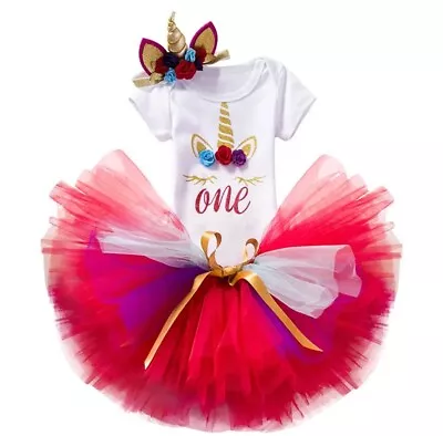 1st First Birthday Outfit Red Unicorn Set Dress Smash Cake Party Tutu Bodysuit • $38.50