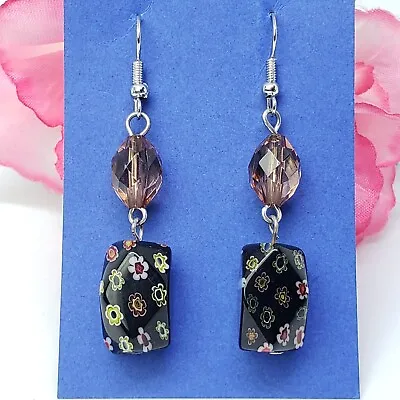 Murano Glass Dangle Pierced Earrings Black Floral Glass Beads • $12.95