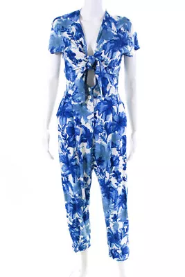 Zara Womens Floral Tie Front Short Sleeve Slim Leg Jumpsuit White Blue Medium • $34.99