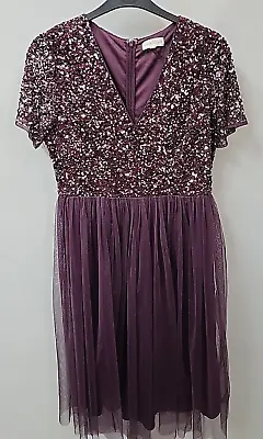 Maya Deluxe Womens Evening Purple Dress Sequin Midi Size UK 16 Short Sleeve • £22