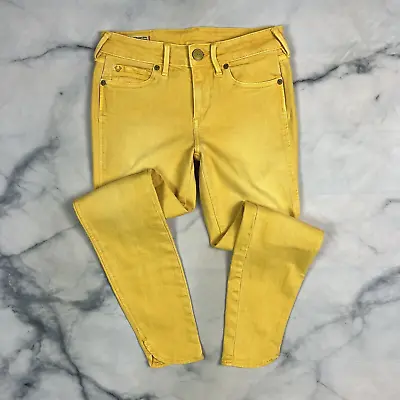 True Religion Halle Mid Rise Super Skinny Jeans Size 25 Golden Yellow Ankle Crop • $36.18