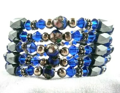 Hematite Cloisonne Wrap Bracelet Magnetic Bead Black Blue Long • $9.99