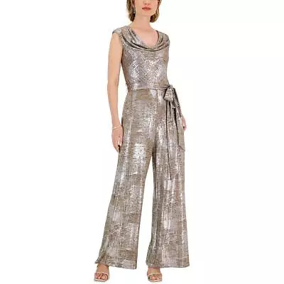 Connected Apparel Womens Silver Metallic Cowl Neck Party Jumpsuit 14 BHFO 6515 • $35.60