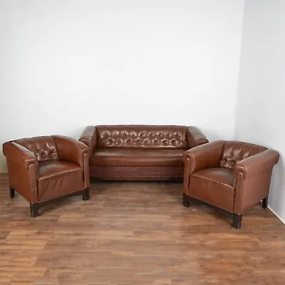 Set Of 3 Vintage Brown Leather Sofa And Pair Of Club Chairs Denmark Circa 1960 • $3800
