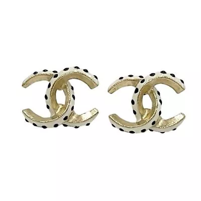 CHANEL Earrings CC White Black Dots COCO Stud Gold GP 16C Authentic • $1008.70