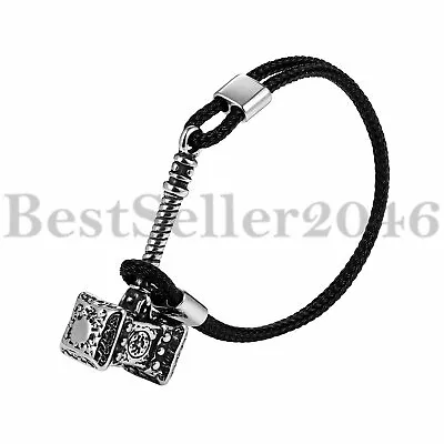 Mens Viking Thor's Hammer Mjolnir Leather Bracelet Stainless Steel Biker Bangle • $13.99