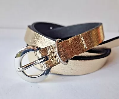 Ladies GOLD METALLIC Real LEATHER Skinny BELT - 5/8 - 15mm Wide - Sizes S M L • £6.75