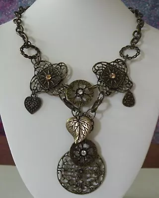 Antiqued Gold Tone Layered Leaf & Heart Steampunk Pendant Necklace Signed Icing • $8