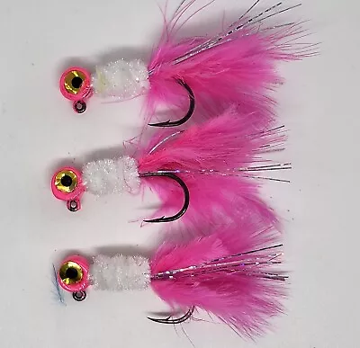 Premium Hand Tied Feather Tail Crappie Jigs Pink & White W/ Flash  1/16th Ounce • $6